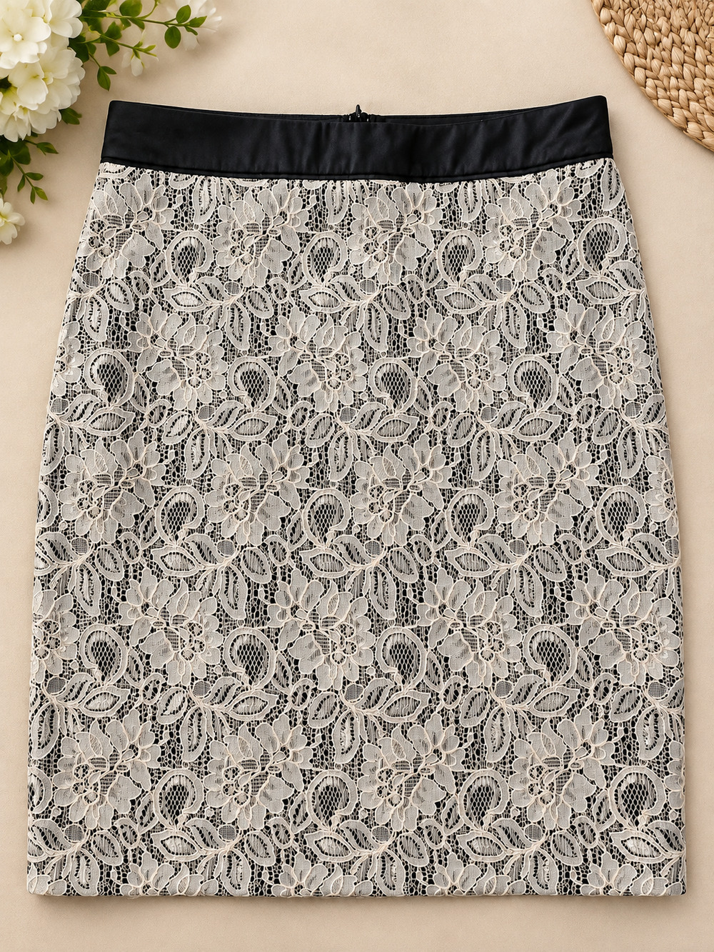 Forever 21 Black Lace Pencil Skirt Faux Leather Waistband Size M